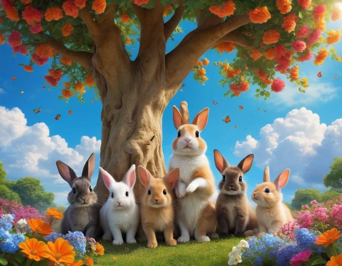 A whimsical scene featuring 10 adorable and snuggly animals gathered in a sun-drenched park, showcasing their playful interactions—puppies chasing butterflies, kittens cuddled together, and a rabbit peeking from behind a tree. The background has vibrant flowers and a blue sky with fluffy clouds, radiating joy and warmth. The overall atmosphere is colorful and inviting, appealing to the heart. super-realistic. vibrant colors. cheerful background.