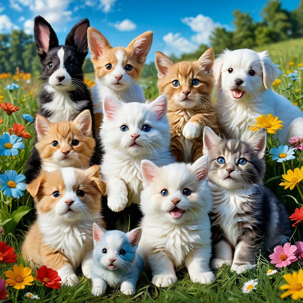 A heartwarming scene featuring an array of adorable furry friends, including playful puppies, fluffy kittens, and a cheerful rabbit, all nestled together in a sunny meadow. The animals are interacting joyfully, some playfully chasing each other while others curl up contentedly. Bright, colorful flowers and a vibrant blue sky create a cheerful backdrop to enhance the uplifting mood. super-realistic. vibrant colors. soft focus.