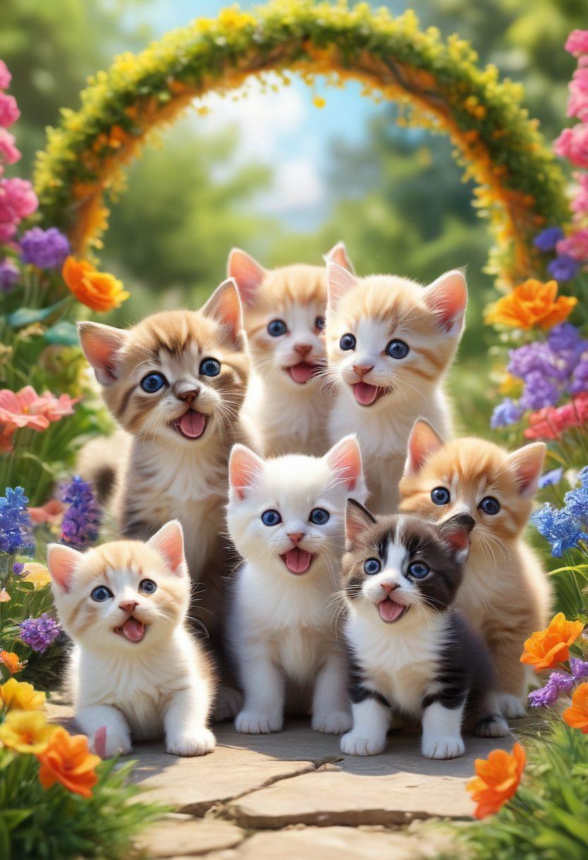 A whimsical scene featuring a playful group of 10 adorable kittens and puppies, joyfully interacting in a sunny garden. Bright flowers surround them, while a rainbow arches in the background, symbolizing happiness. Emphasize their playful expressions and fluffy fur to radiate warmth and joy. Soft, vibrant colors should enhance the cheerful atmosphere. super-realistic. vibrant colors. soft focus.